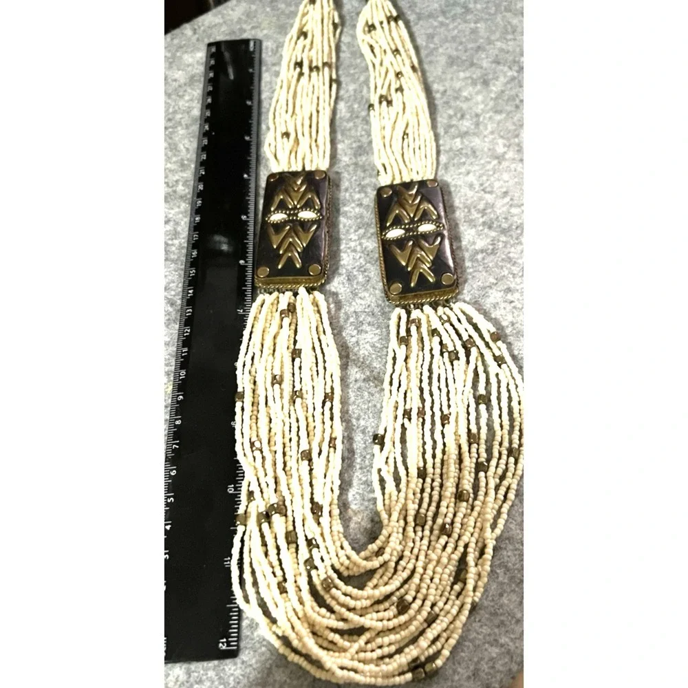 Vintage Necklace Multi Strand cream Seed Bead brass Round Beads 26